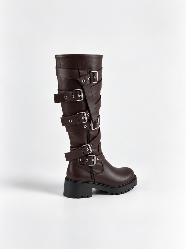 Brown multi-buckle knee-high boot faux leather – back three-quarter view