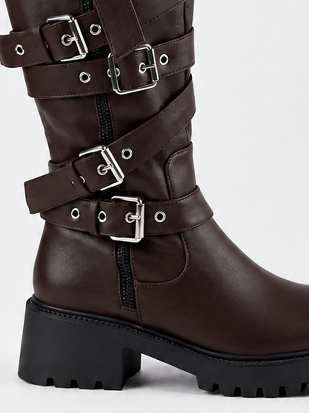 Brown multi-buckle knee-high boot faux leather – buckle straps close-up