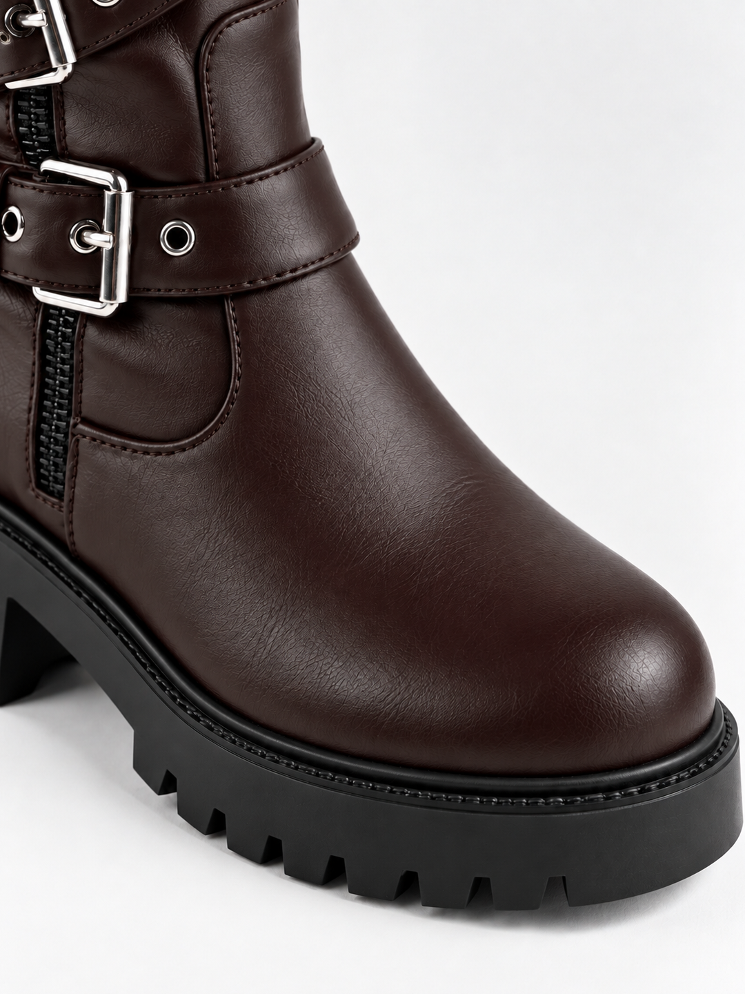 Brown multi-buckle knee-high boot faux leather – round toe and lug sole close-up