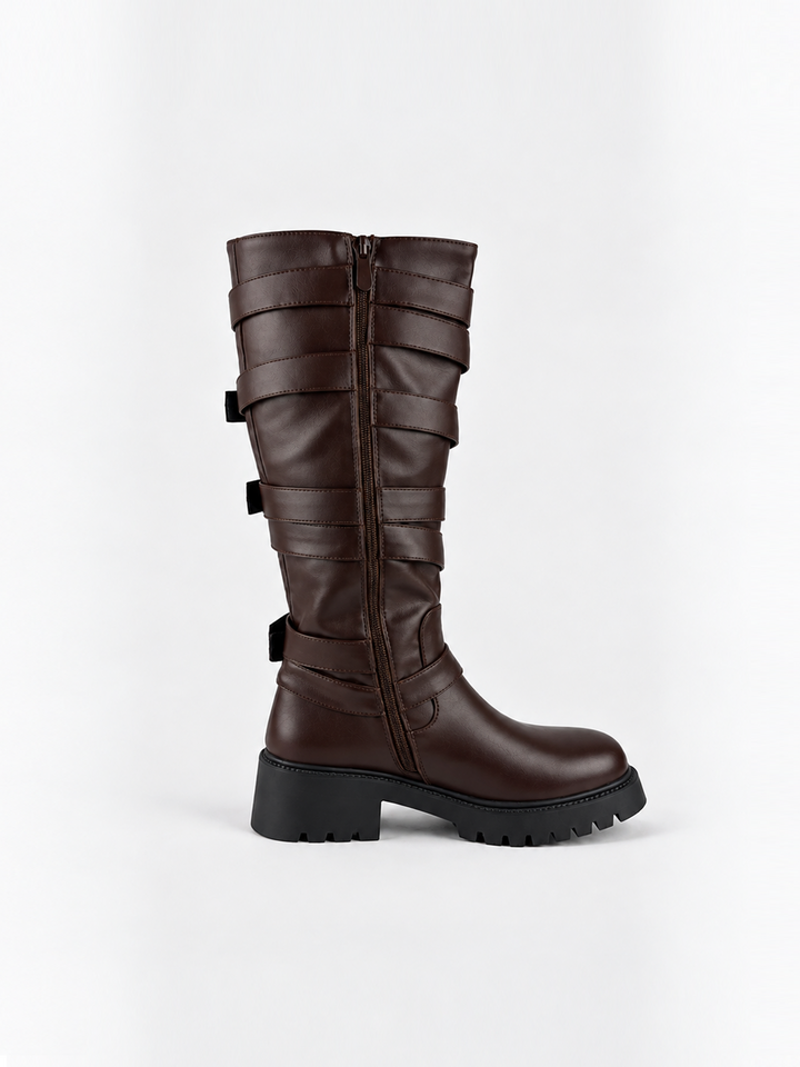 Brown multi-buckle knee-high boot faux leather – inner side view showing the zip