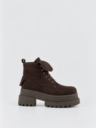 Pocket Lace-Up Platform Ankle Boot Faux Suede – Brown