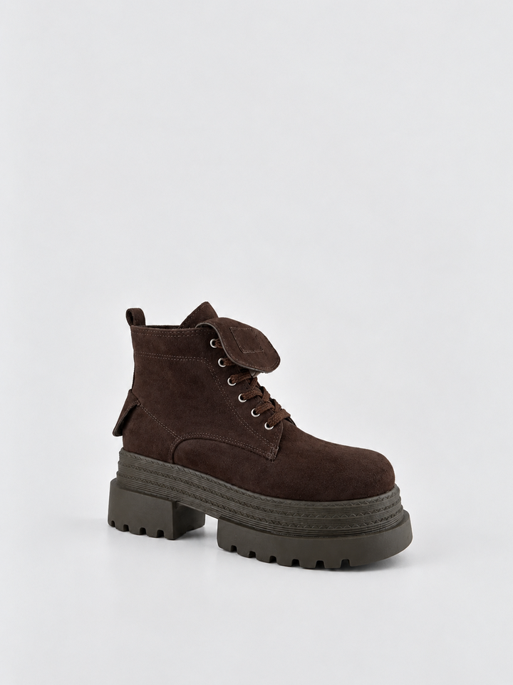 Brown pocket lace-up platform ankle boot faux suede – front three-quarter view