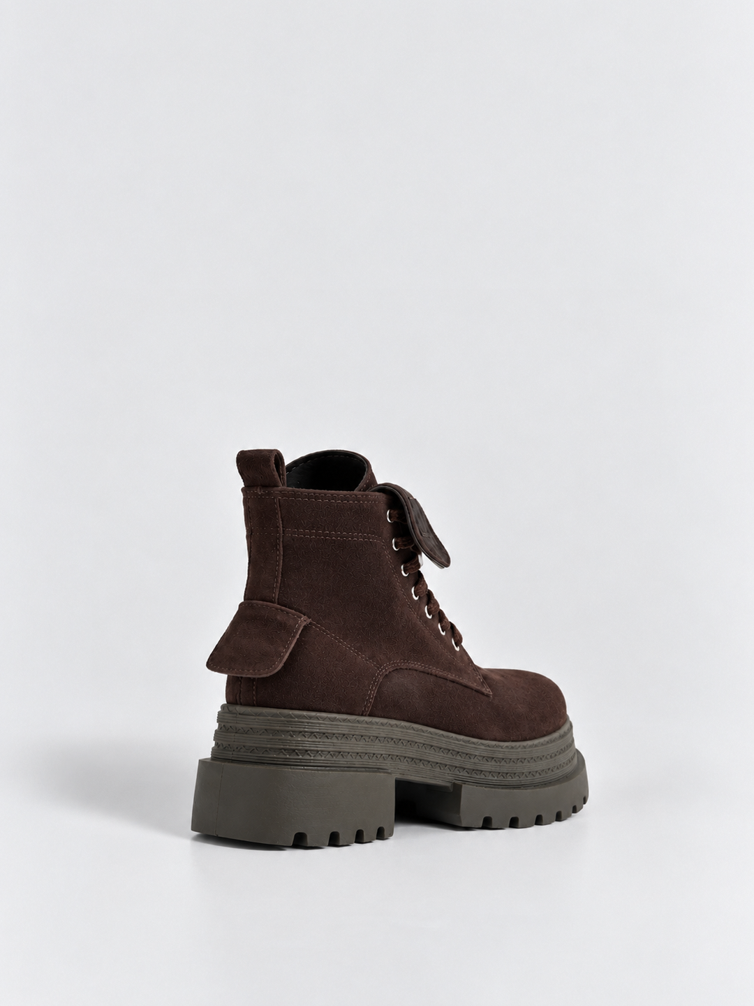 Brown pocket lace-up platform ankle boot faux suede – back three-quarter view