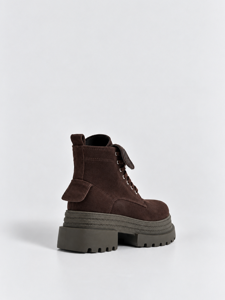 Brown pocket lace-up platform ankle boot faux suede – back three-quarter view