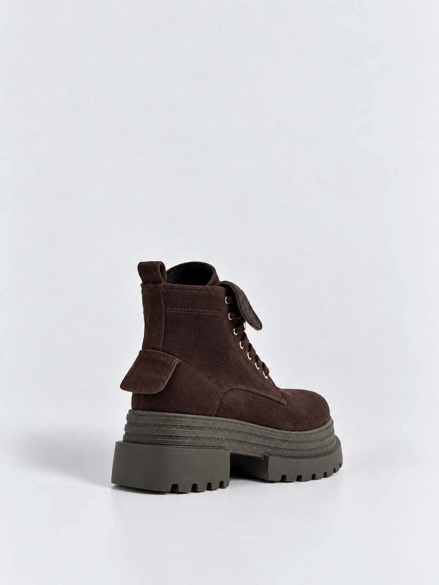 Pocket Lace-Up Platform Ankle Boot Faux Suede – Brown