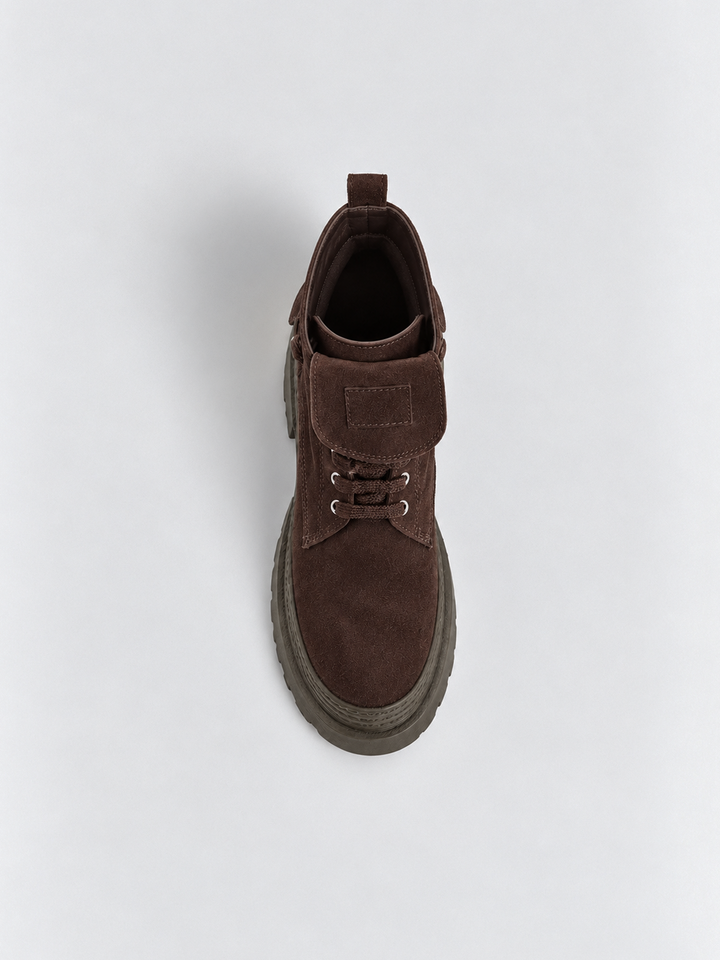 Brown pocket lace-up platform ankle boot faux suede – top view