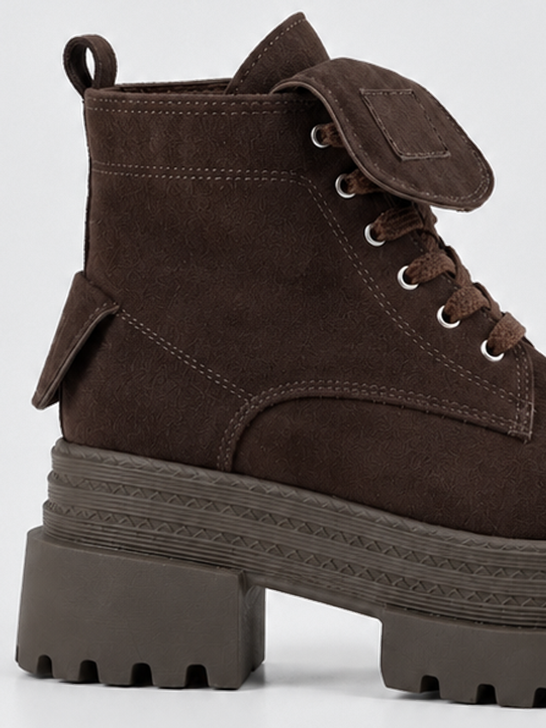 Brown pocket lace-up platform ankle boot faux suede – side pocket and laces close-up