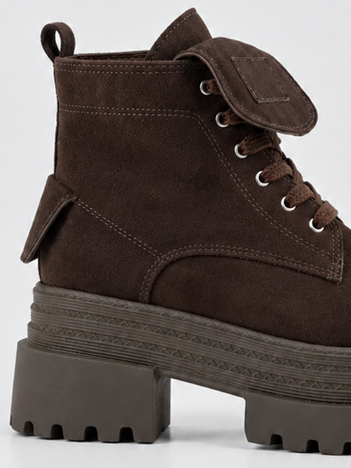 Brown pocket lace-up platform ankle boot faux suede – side pocket and laces close-up