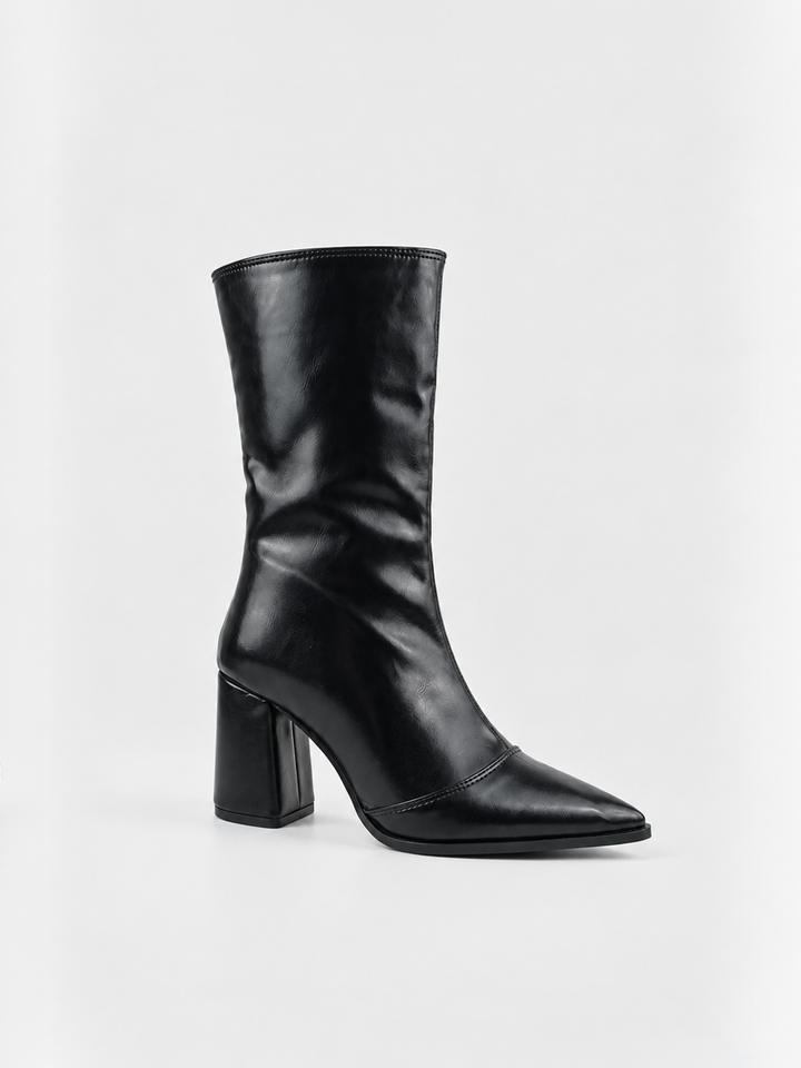 Black pointed-toe block heel mid-calf boot faux leather – front three-quarter view