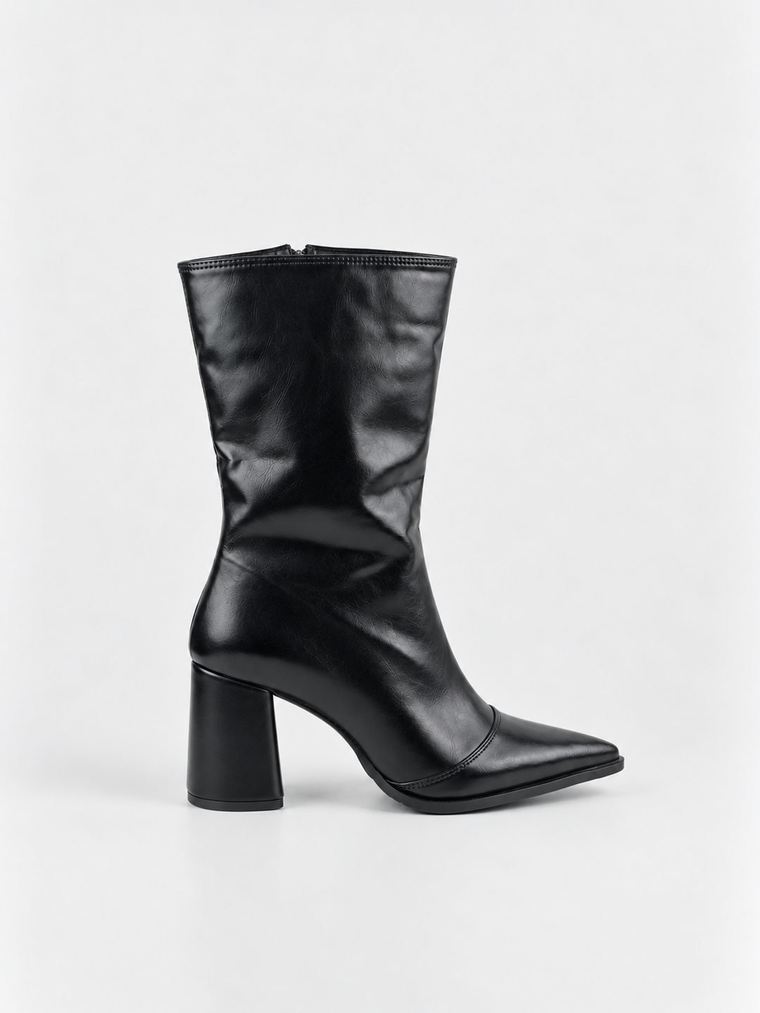 Black pointed-toe block heel mid-calf boot faux leather – side view