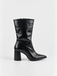 Pointed-Toe Block Heel Mid-Calf Boot Faux Leather – Black