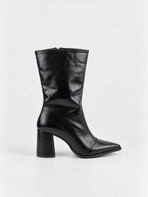 Black pointed-toe block heel mid-calf boot faux leather – side view