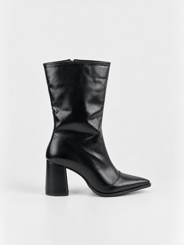 Black pointed-toe block heel mid-calf boot faux leather – side view