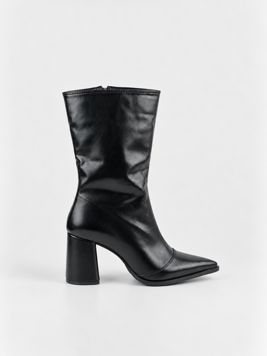 Pointed-Toe Block Heel Mid-Calf Boot Faux Leather – Black