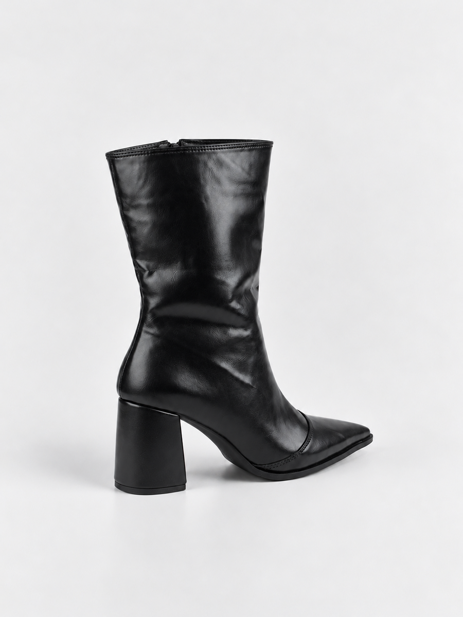 Pointed-Toe Block Heel Mid-Calf Boot Faux Leather – Black