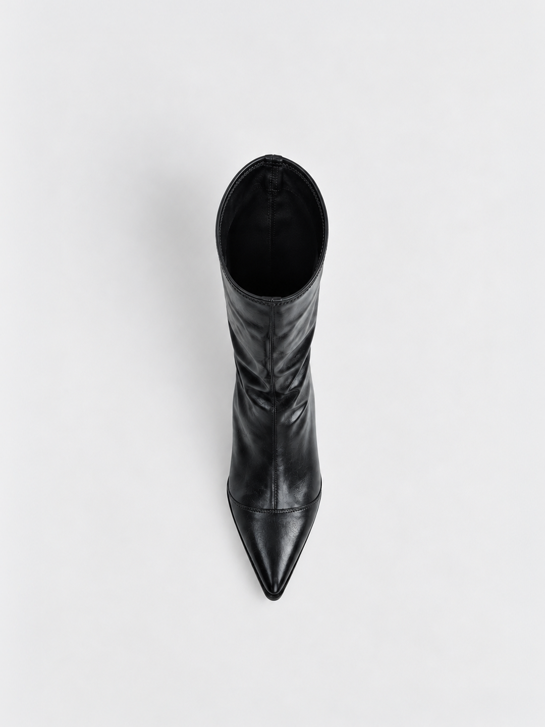 Black pointed-toe block heel mid-calf boot faux leather – top view