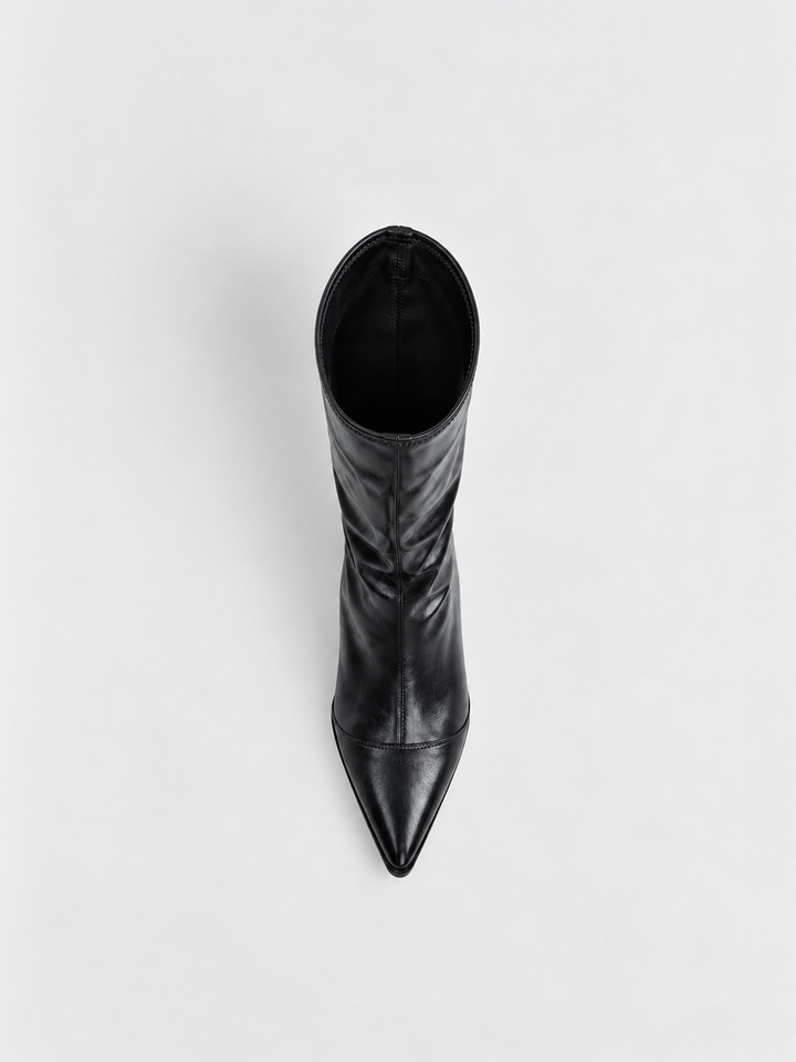 Black pointed-toe block heel mid-calf boot faux leather – top view