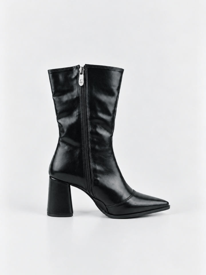 Black pointed-toe block heel mid-calf boot faux leather – inner side view showing the zip