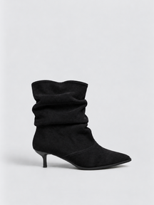 Black ruched kitten heel ankle boot faux suede – side view