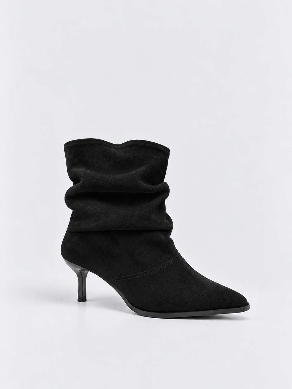 Black ruched kitten heel ankle boot faux suede – front three-quarter view