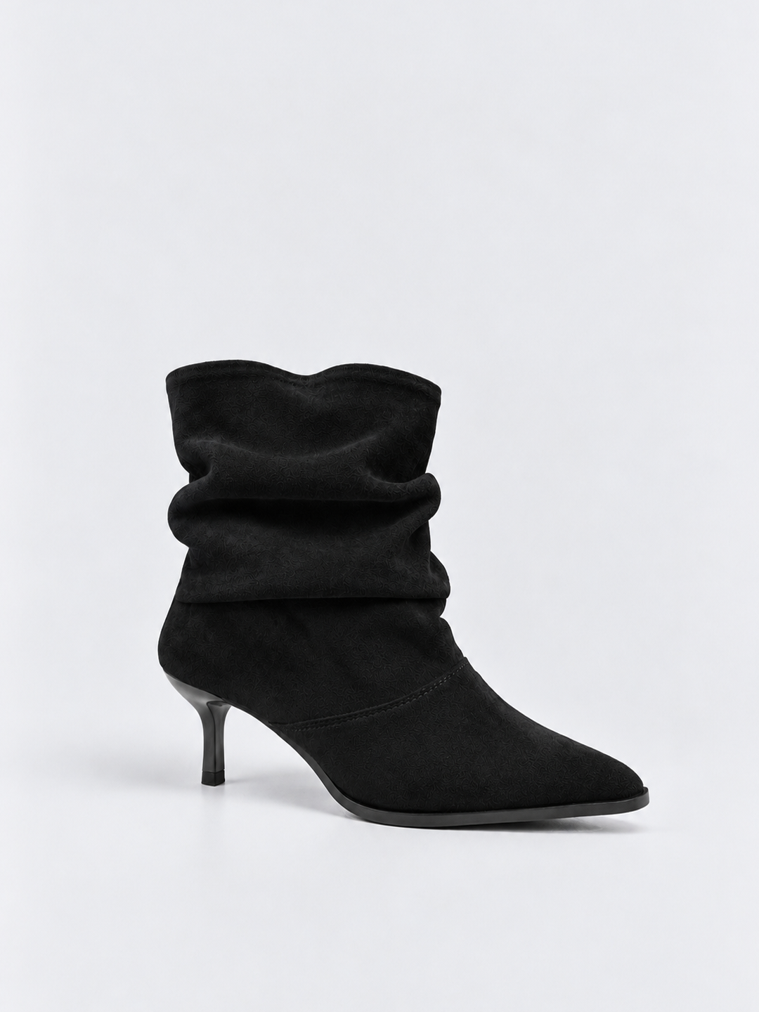 Black ruched kitten heel ankle boot faux suede – front three-quarter view