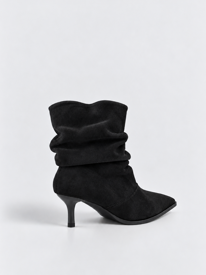 Black ruched kitten heel ankle boot faux suede – back three-quarter view