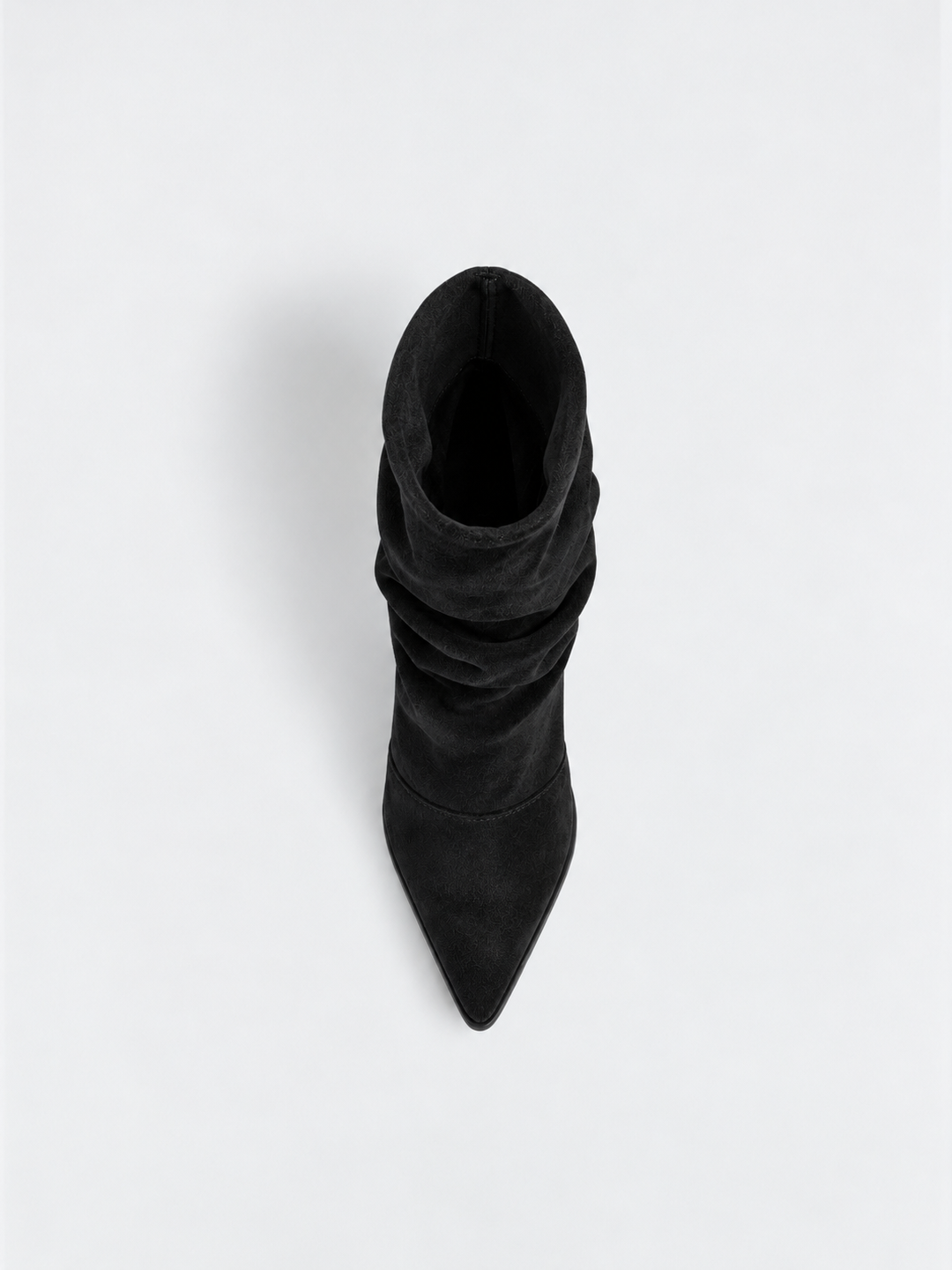 Black ruched kitten heel ankle boot faux suede – top view