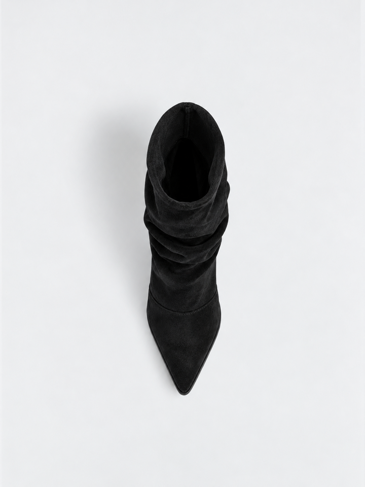 Black ruched kitten heel ankle boot faux suede – top view