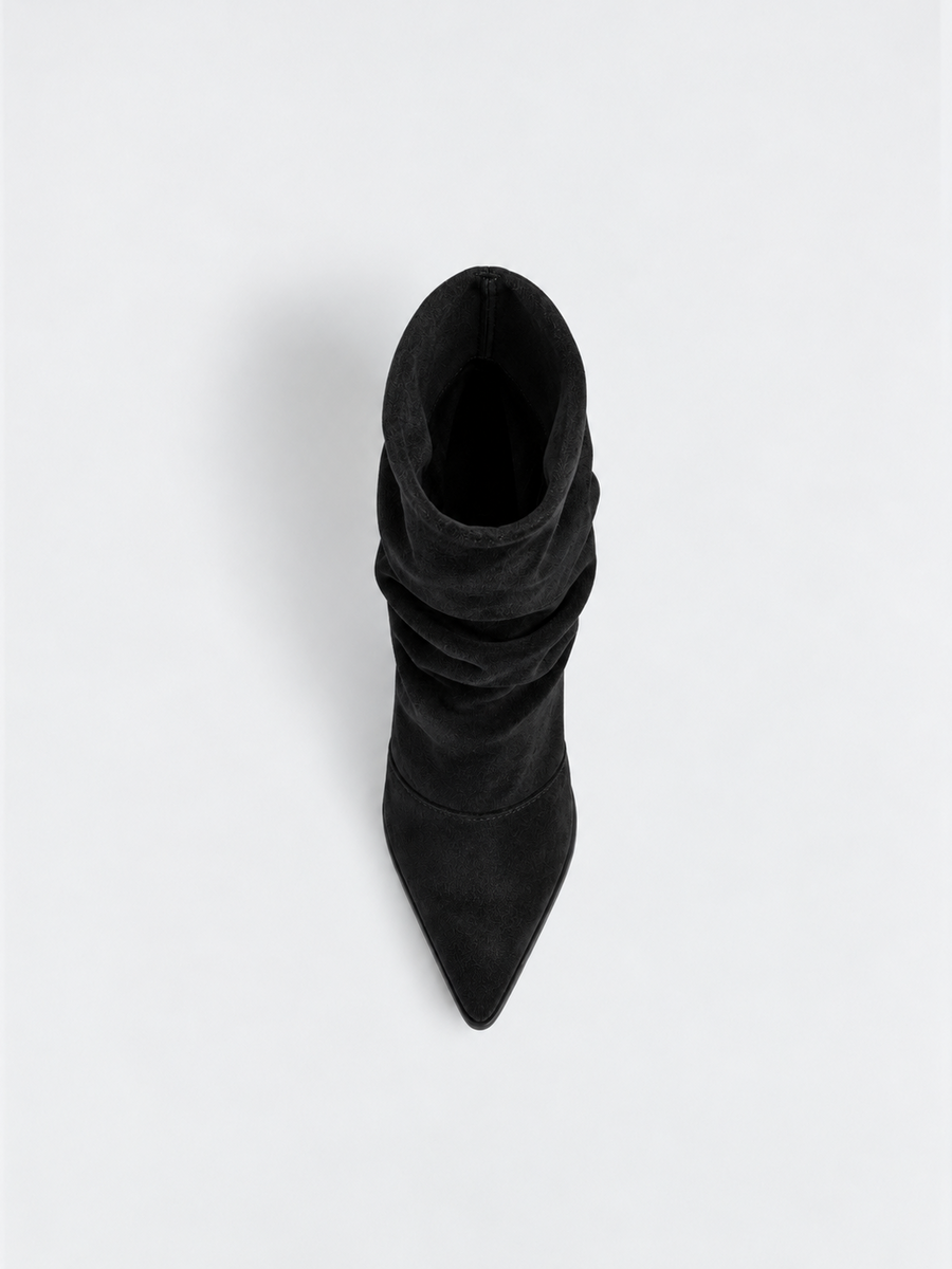 Ruched Kitten Heel Ankle Boot Faux Suede – Black