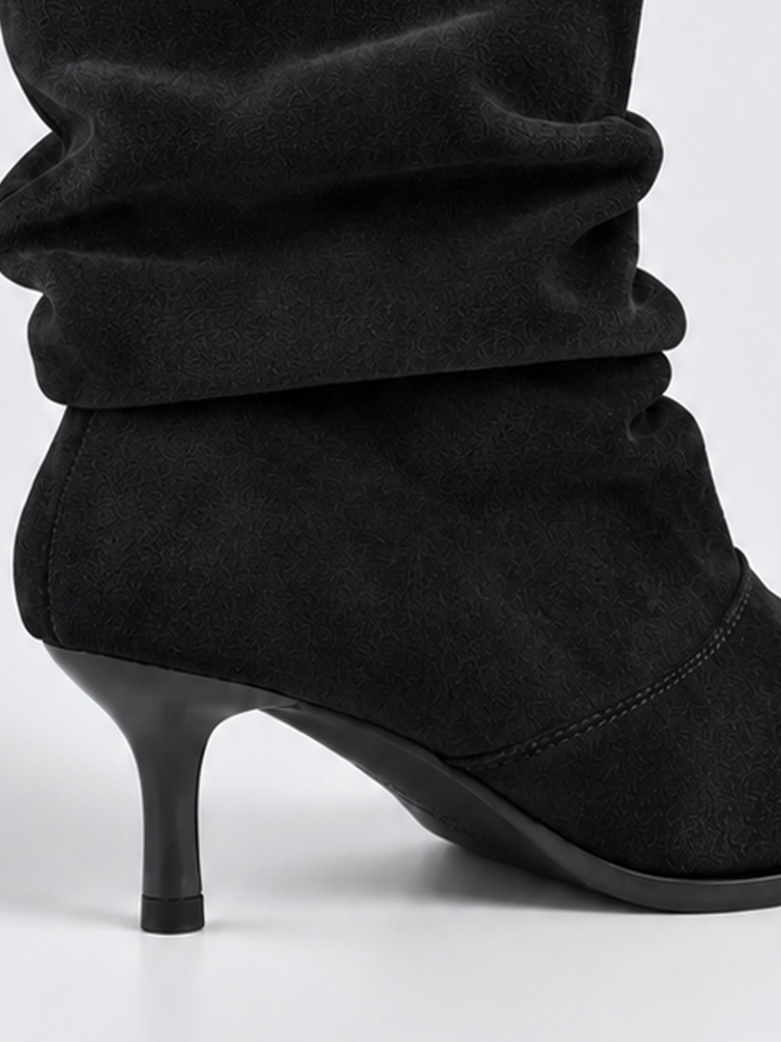 Black ruched kitten heel ankle boot faux suede – kitten heel close-up