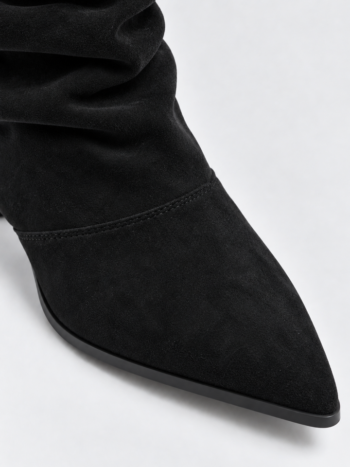 Black ruched kitten heel ankle boot faux suede – pointed toe close-up