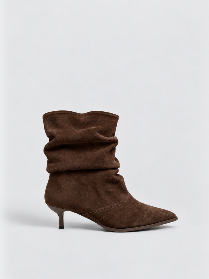 Brown ruched kitten heel ankle boot faux suede – side view