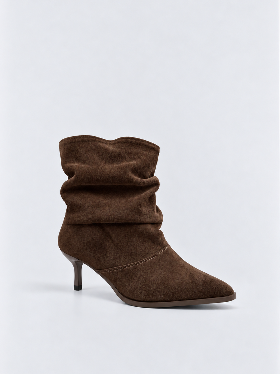 Ruched Kitten Heel Ankle Boot Faux Suede – Brown