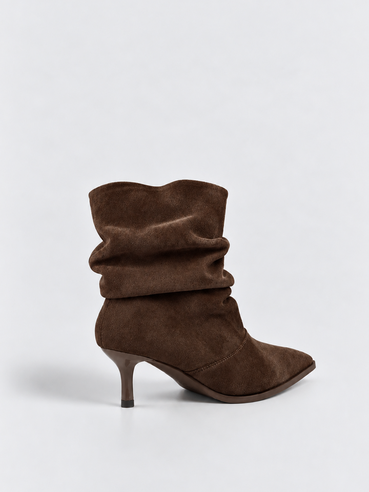 Brown ruched kitten heel ankle boot faux suede – back three-quarter view
