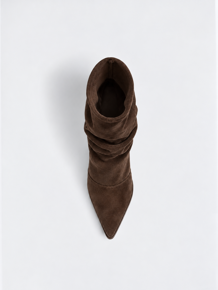 Ruched Kitten Heel Ankle Boot Faux Suede – Brown