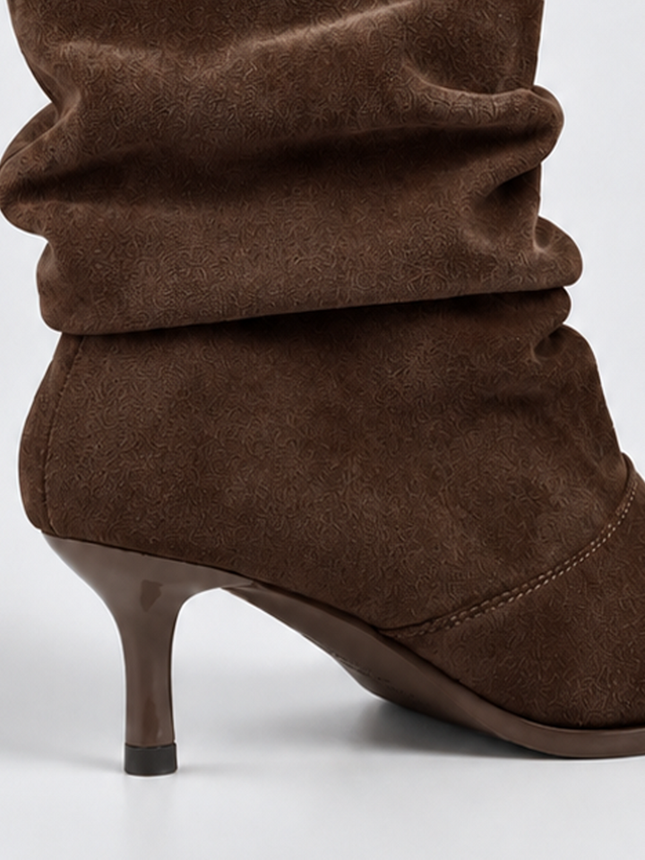 Brown ruched kitten heel ankle boot faux suede – kitten heel close-up