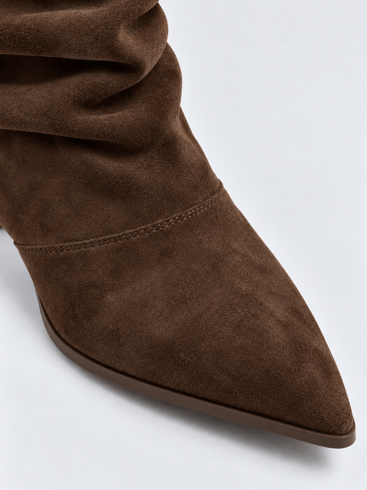 Brown ruched kitten heel ankle boot faux suede – pointed toe close-up