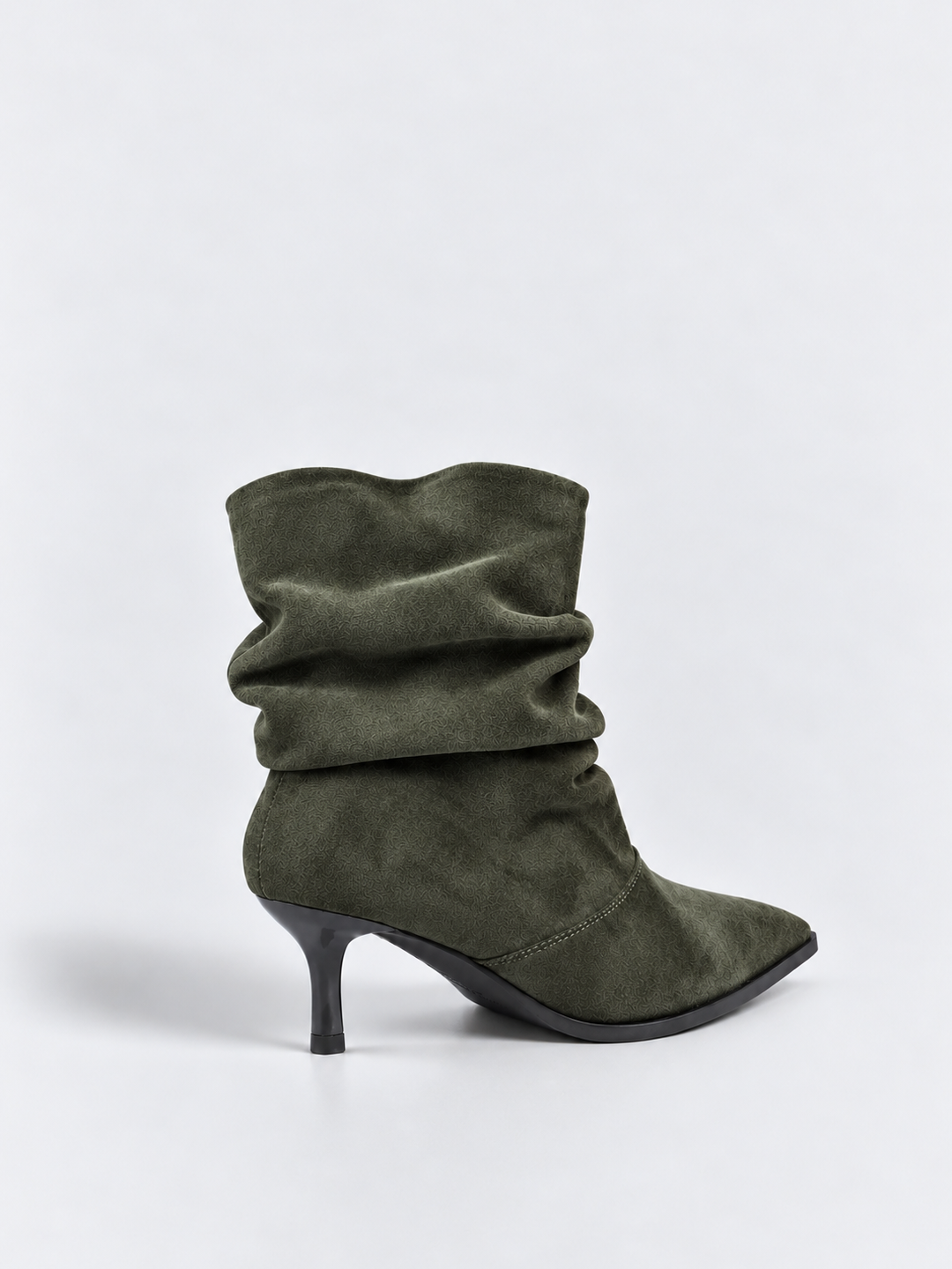 Olive ruched kitten heel ankle boot faux suede – front three-quarter view