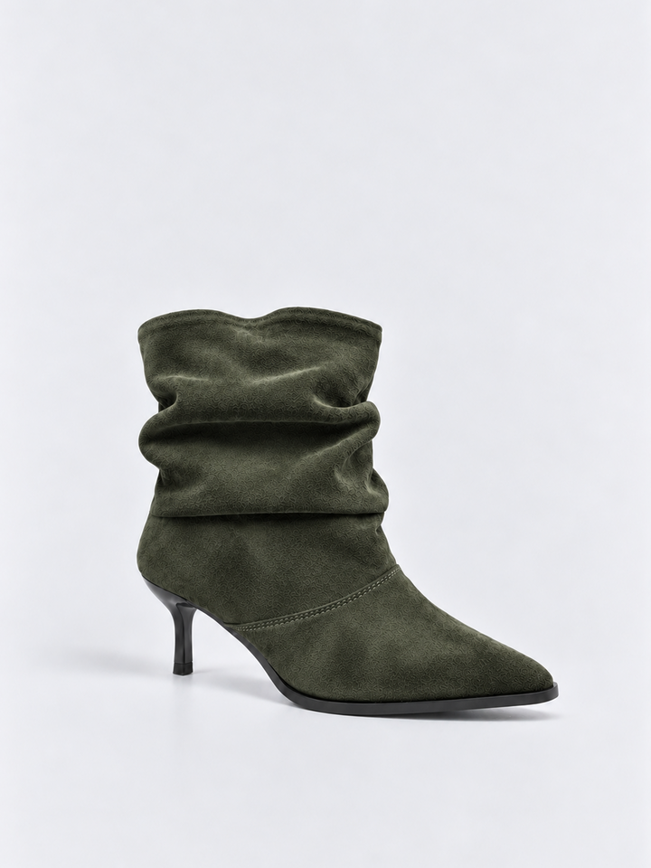 Olive ruched kitten heel ankle boot faux suede – back three-quarter view