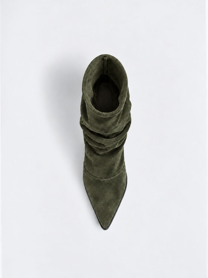 Olive ruched kitten heel ankle boot faux suede – top view