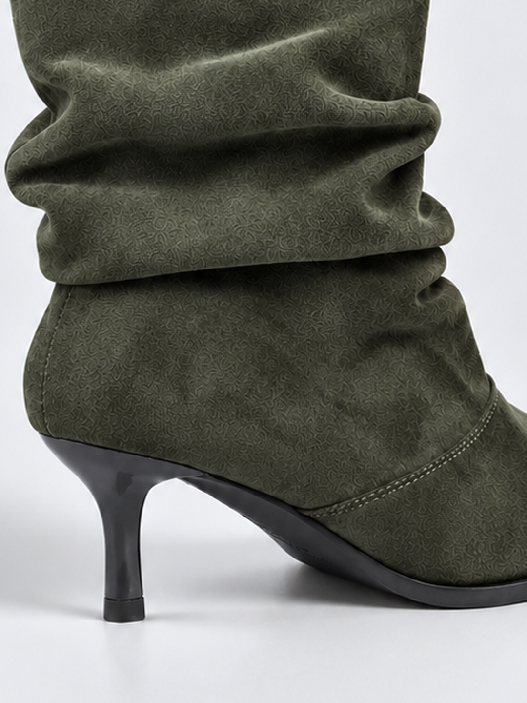 Olive ruched kitten heel ankle boot faux suede – kitten heel close-up