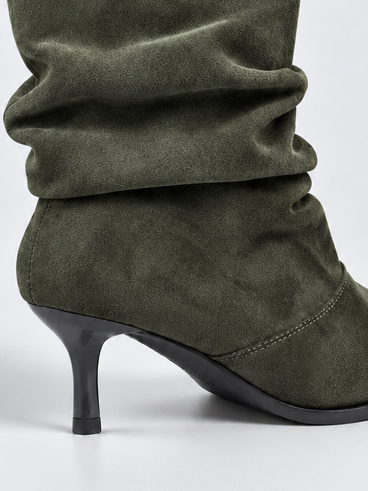 Olive ruched kitten heel ankle boot faux suede – kitten heel close-up