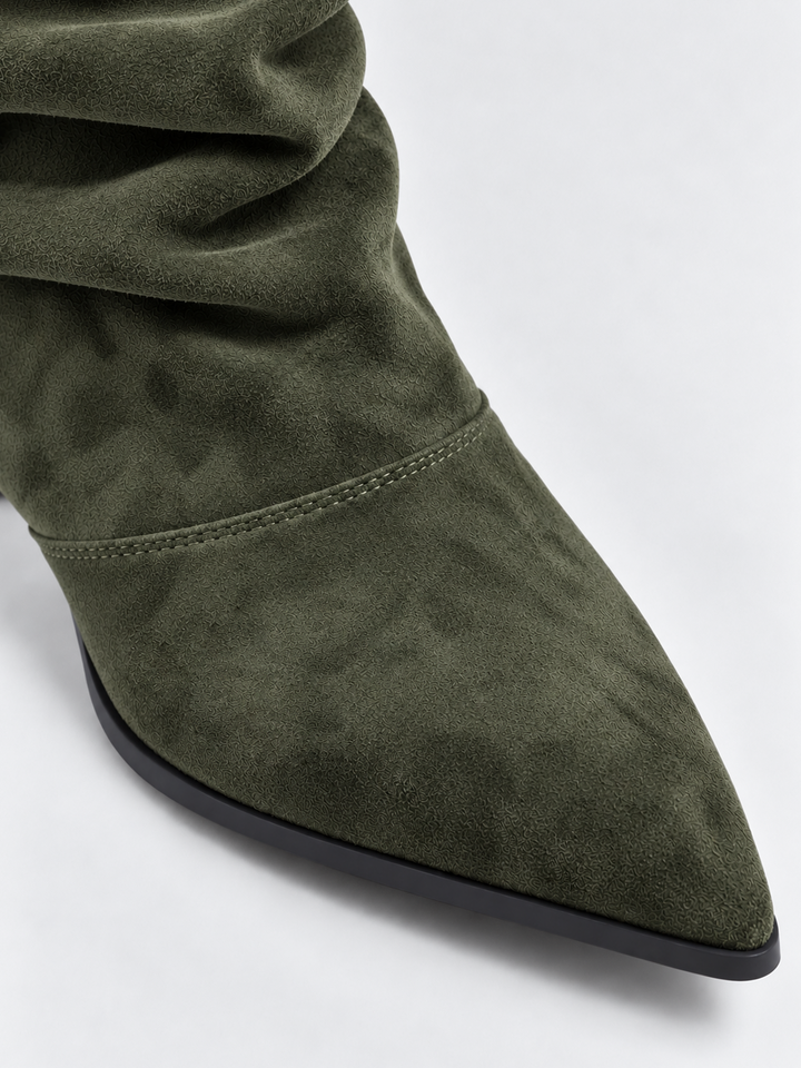 Olive ruched kitten heel ankle boot faux suede – pointed toe close-up