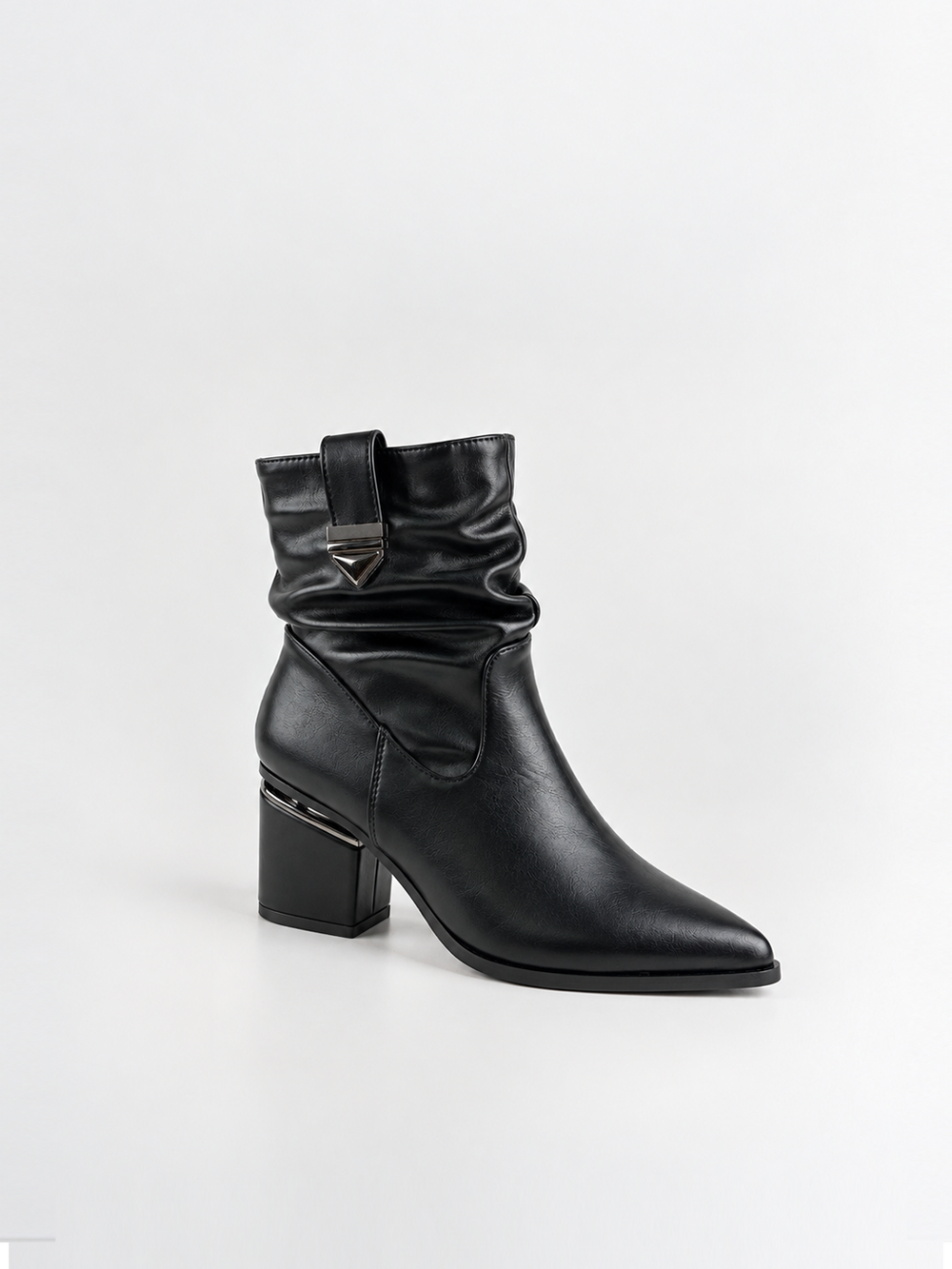 Black ruched lock-clasp block heel ankle boot faux leather – side view