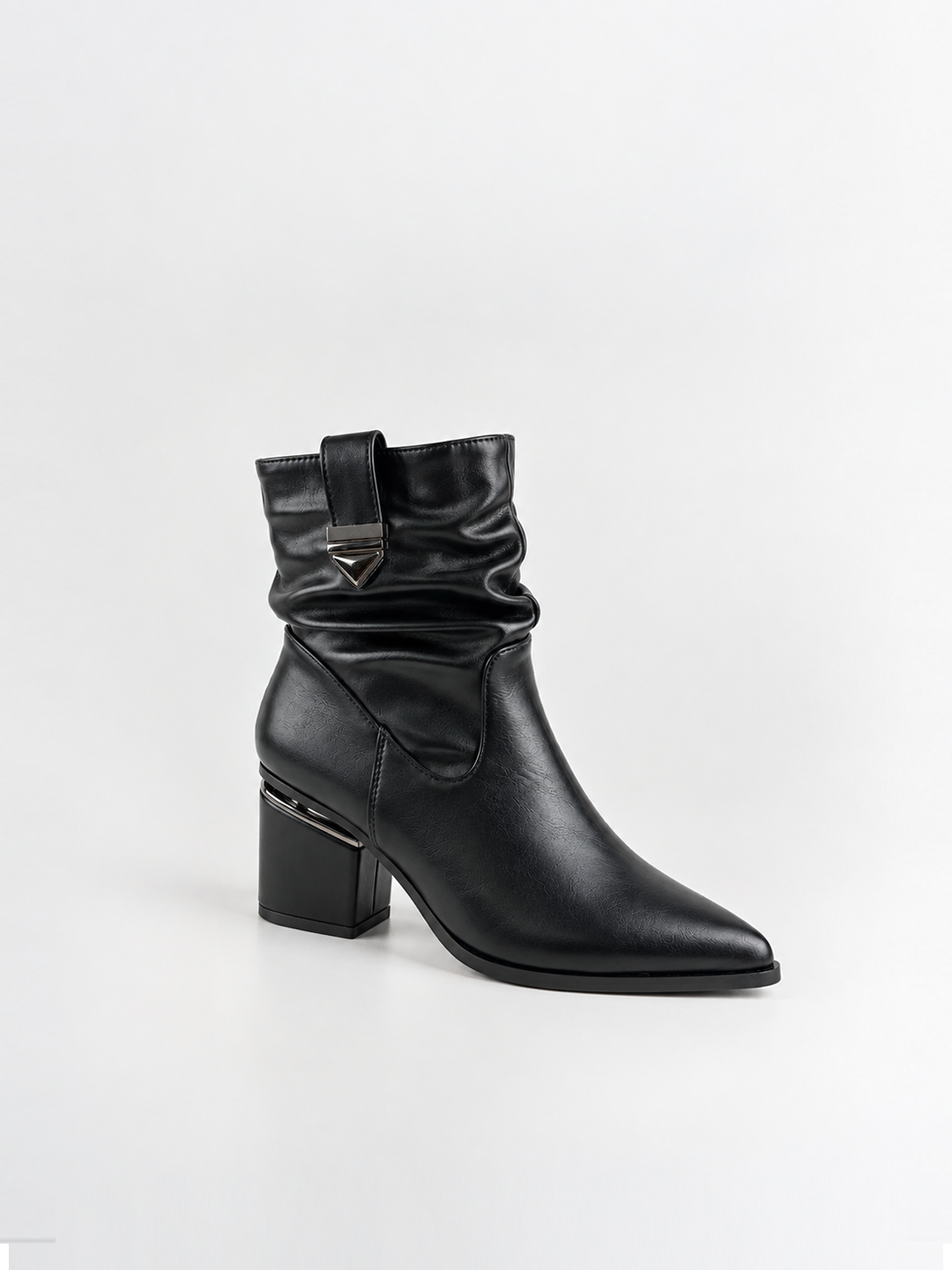 Black ruched lock-clasp block heel ankle boot faux leather – side view