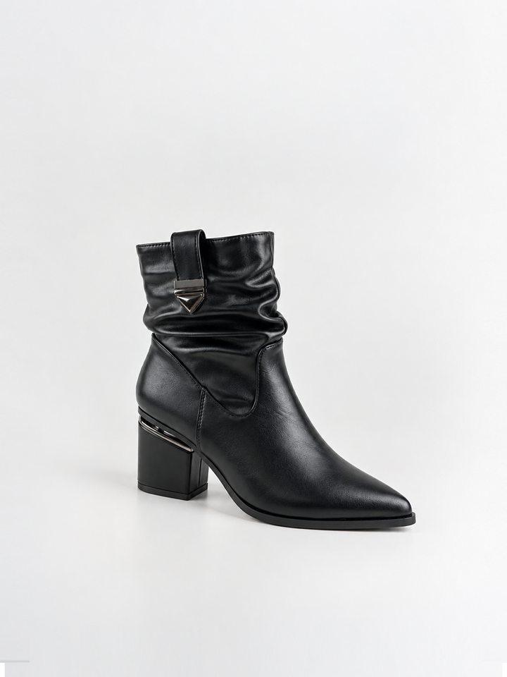 Black ruched lock-clasp block heel ankle boot faux leather – side view