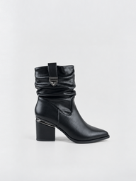 Ruched Lock-Clasp Block Heel Ankle Boot Faux Leather – Black