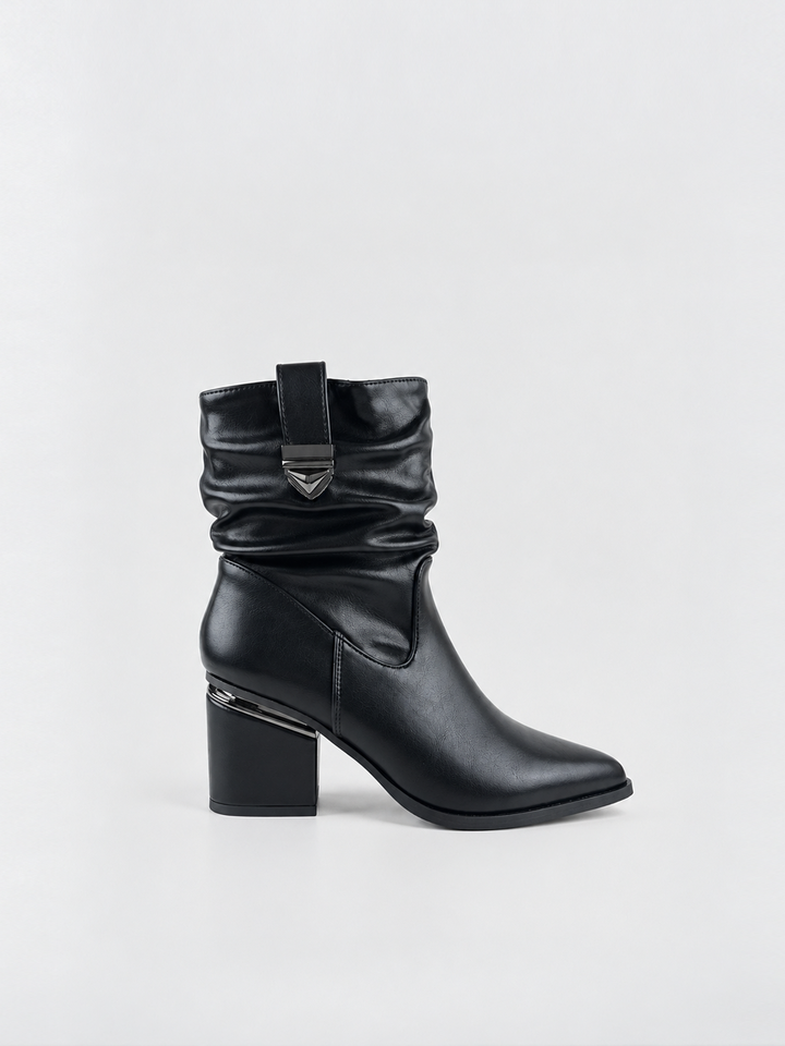 Black ruched lock-clasp block heel ankle boot faux leather – front three-quarter view