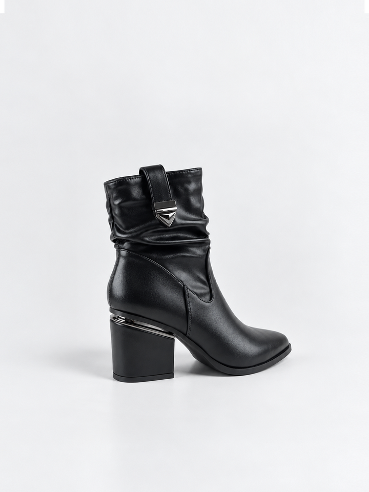 Black ruched lock-clasp block heel ankle boot faux leather – back three-quarter view