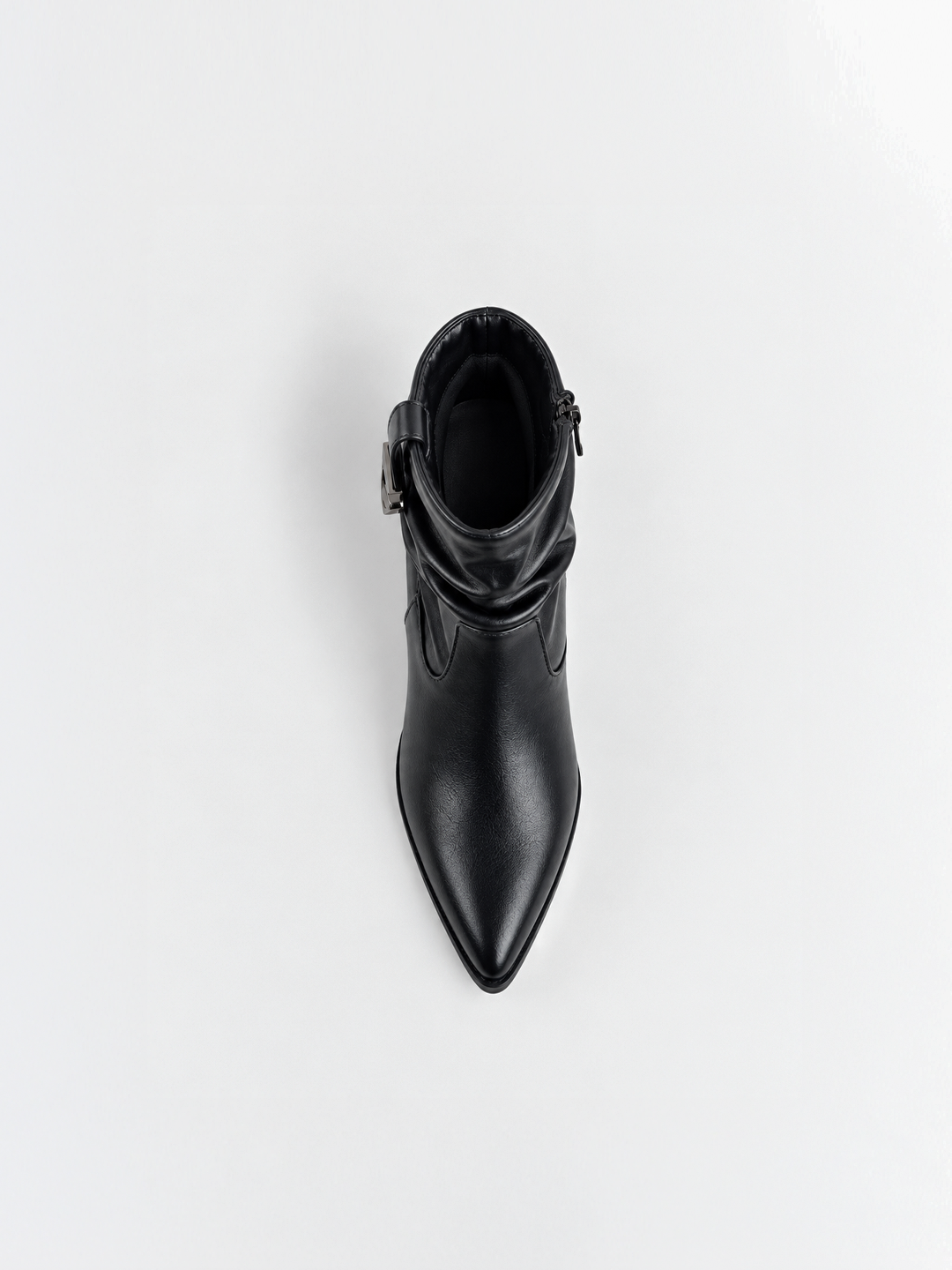 Black ruched lock-clasp block heel ankle boot faux leather – top view